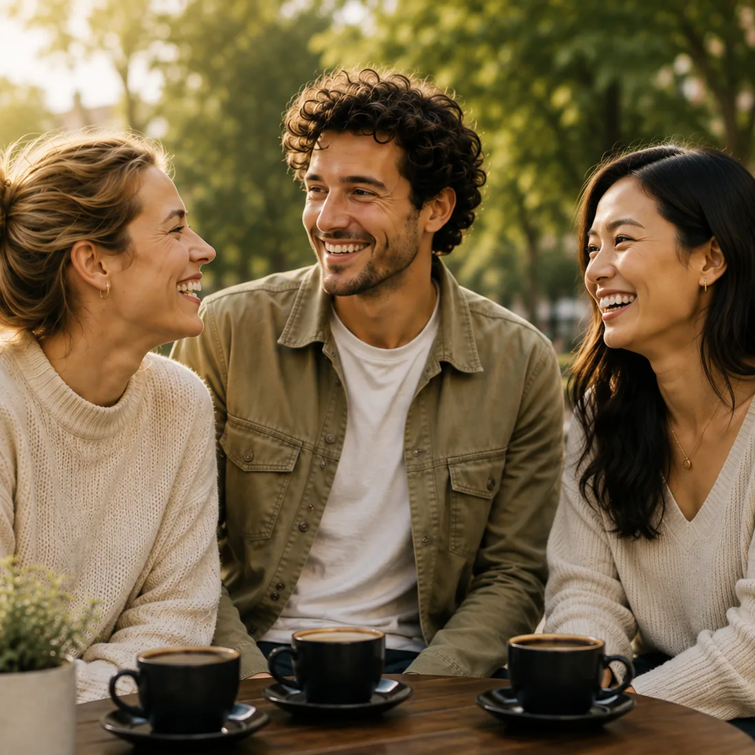 Drie vrienden lachen samen op een terras - meer ruimte voor je leven met type 1 diabetes